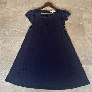 Loft Navy Blue Lace Flutter Sleeve Swing Dress Medium - Eyelet Detail Size M